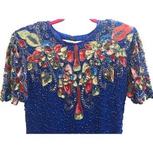 Vintage Swee Lo Royal Blue Sequin Beaded Silk Dress | XS/Small | 80s Cocktail Go